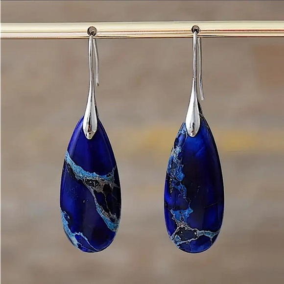 Blue Jasper Stone Tear Drop Earrings Boho - Picture 3 of 4